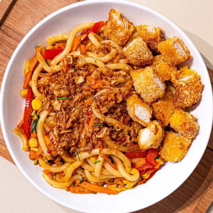 Udon sautées, poulet croustillant